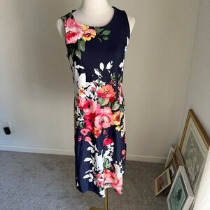 Charter Club Floral Dress‎ Women's Medium Sleeveless Midi Navy Pink Red Flowers